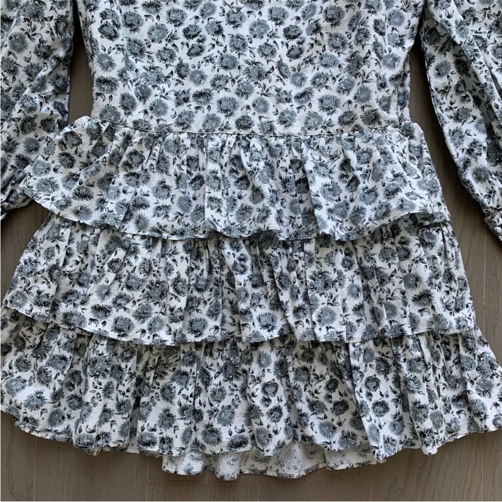 LoveShackFancy Paris Grey Floral Ruffle Tiered Long Puff Sleeve Mini Dress Sz 6 - Picture 9 of 15